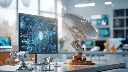 Poster - Close up view of a high tech satellite dish interface displaying real time data and visuals of its communication with a space satellite