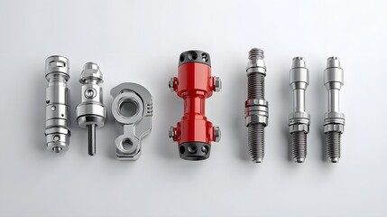 Aufkleber - Close up view of a quick connect adapter for fire hoses placed next to standard threaded connectors  These plumbing equipment and hardware accessories are essential for emergency response
