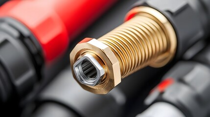 Aufkleber - Closeup Macro Shot of Brass Fire Hose Coupling with Visible Threading Plumbing Hardware Equipment for Industrial or Engineering Purposes