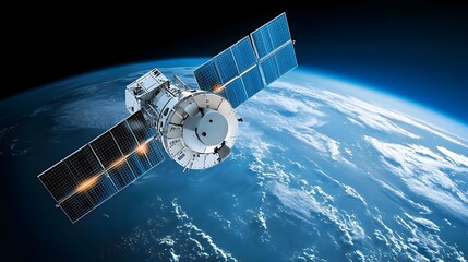Poster - Closeup view of a high tech satellite dish that is communicating with a space satellite orbiting the Earth
