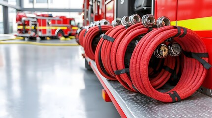Poster - Coiled red fire hose with metal connectors neatly placed on the back of a fire truck ready for emergency firefighting and rescue