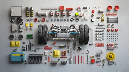 Poster - Comprehensive Top Down View Showcasing the Intricate Layout and Arrangement of Various Mechanical Components in a Four Wheel Drive 4WD Vehicle System
