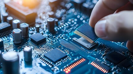 Poster - Computer hardware engineer meticulously assembling a circuit board in a clean modern and high tech work environment