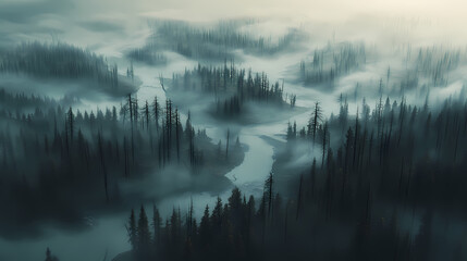 Wall Mural - Aerial view of misty forest landscape with winding river and dead trees, showcasing nature beauty and desolation. scene evokes sense of tranquility and mystery. Misty River of the Dead. Illustration