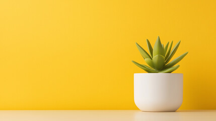 Modern minimalist succulent in white pot against bright yellow background