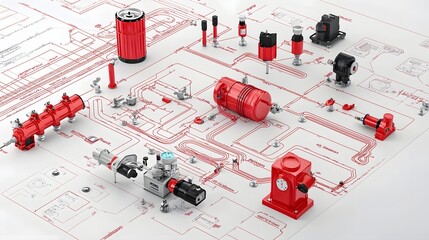 Poster - Detailed blueprint of a comprehensive fire sprinkler system showcasing the emergency water flow pathways and design elements for fire protection and safety in industrial commercial