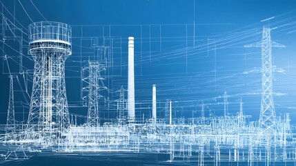 Aufkleber - Detailed Blueprint Style Depicting a and Intricate Power Plant Cooling Tower Showcasing the Complex Engineering and Infrastructure of Industrial Energy Facilities