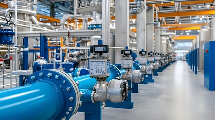 Fototapete - Detailed blueprint schematic diagram of an intricate industrial water and steam pipeline system infrastructure within a manufacturing factory facility