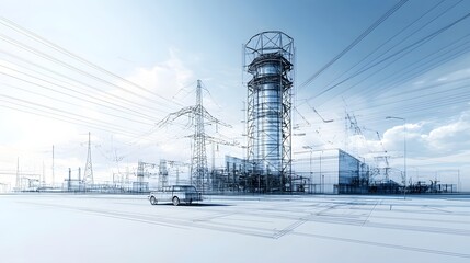 Aufkleber - Detailed blueprint style digital of a large power plant cooling tower structure with a technical grid layout and engineering design