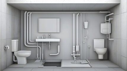 Poster - Detailed Cross section View of the Plumbing System in a Residential Bathroom Showcasing the Arrangement and Components Such as Sinks Toilets Showers Pipes and Fixtures