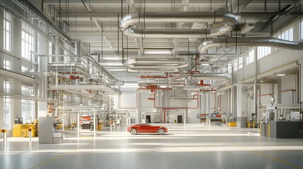 Aufkleber - Detailed technical showcasing a complex HVAC ductwork and piping system installed in a large manufacturing plant or industrial facility  The intricate network of ducts tubes