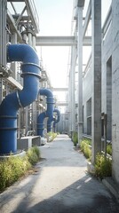 Aufkleber - Detailed view of a complex industrial water cooling system installed at a power plant facility  The intricate network of metal pipes structures