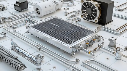 Poster - Detailed view of an automotive radiator system showcasing the intricate network of coolant pipes fan assembly