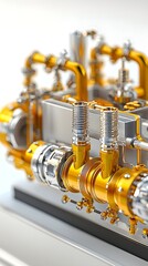 Poster - Detailed view of an intricately designed vintage steam engine cooling system showcasing the complex network of exposed metal piping valves