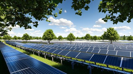 Poster - Expansive solar photovoltaic array installed in a lush natural landscape powering a renewable and efficient household energy system  The solar panels capture clean