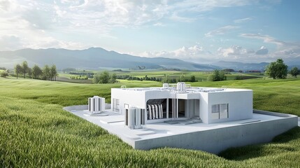 Aufkleber - Exterior view of a modern and energy efficient residential building with an integrated geothermal cooling system in a scenic countryside landscape