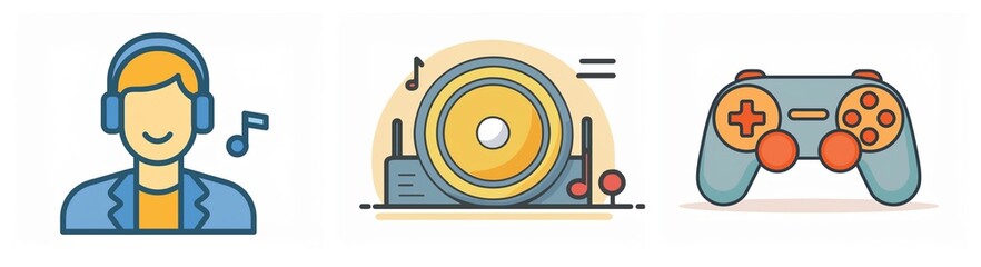 Poster - Icons depict a person with headphones enjoying music, a vinyl record player, and a game controller, representing leisure activities.