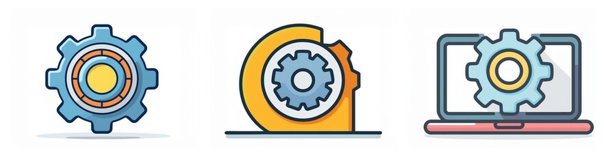 Aufkleber - Icons of gears: single gear, gear in curved shape, gear on laptop screen. Representing settings, configuration, technology.