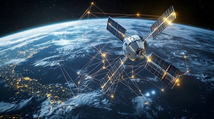 Poster - Futuristic communication satellite orbiting Earth with glowing data connections showcasing the advanced technology and global connectivity in the modern digital age