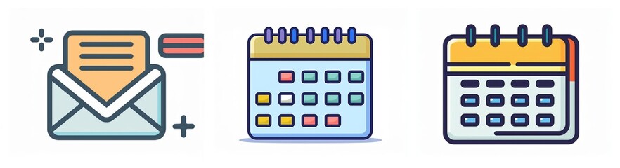 Poster - Three icons showing communication and scheduling. First is a mail envelope with a letter, followed by two different style calendars for dates.