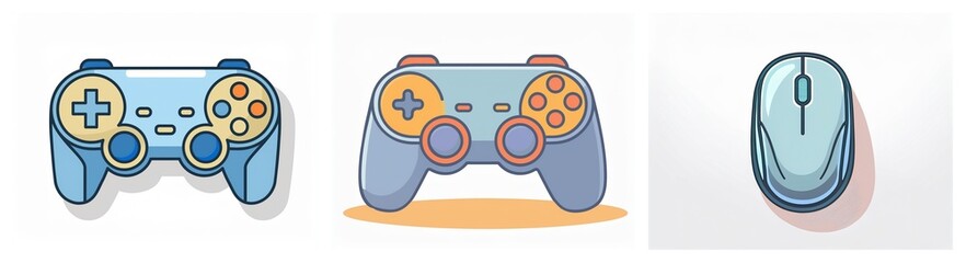 Aufkleber - Description:
Three light blue gaming peripherals: two game controllers with joysticks and buttons, plus a computer mouse, all isolated on white.

Keywords:
