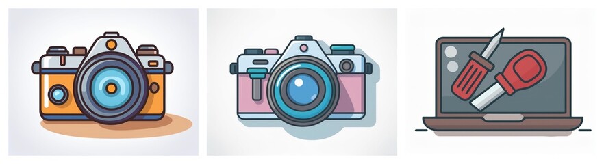 Poster - Three icons represent photography and device maintenance. Two cameras in different colors and a laptop with screwdriver and wrench on screen.