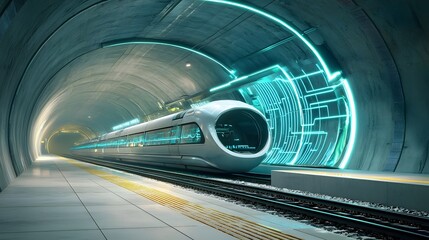 Poster - Futuristic maglev train tunnel with glowing blue technology inspired lighting  High speed transportation concept featuring a modern sleek and efficient railway system