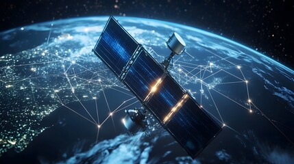 Fototapete - Futuristic communication satellite orbiting Earth with glowing data connections capturing the global digital network and the future of high tech space based infrastructure