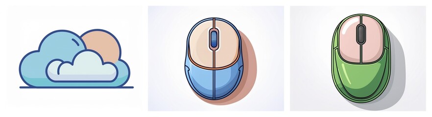 Aufkleber - Cartoon image showing a cloud with sun, a blue computer mouse, and a green computer mouse on a white background.