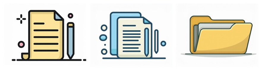 Poster - Three document icons: one with a pencil, one stacked, and one folder. Representing file management and organization.