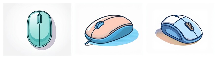 Aufkleber - Three computer mice in teal, peach, and blue colors are displayed against a white background. Different mouse styles are shown.