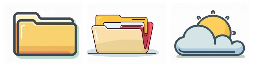 Poster - Three simple vector icons are displayed: two file folders, one closed and one slightly open with colored tabs, and a cloud with a sun peeking out.