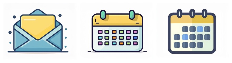 Poster - Three icons depict office organization: an open envelope revealing a yellow card and two calendars showing dates and scheduling.