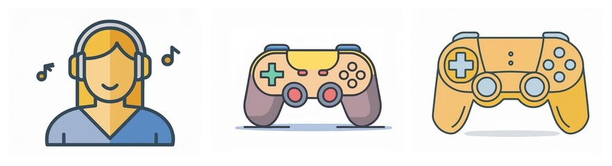Poster - Icons depict a person with headphones enjoying music notes, alongside two distinct game controllers, representing entertainment and gaming.