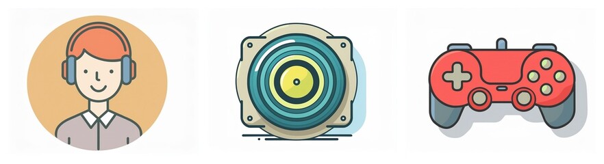 Poster - Three icons depict a person with headphones, a speaker and a gamepad in a flat design with outlined shapes and pastel colors.