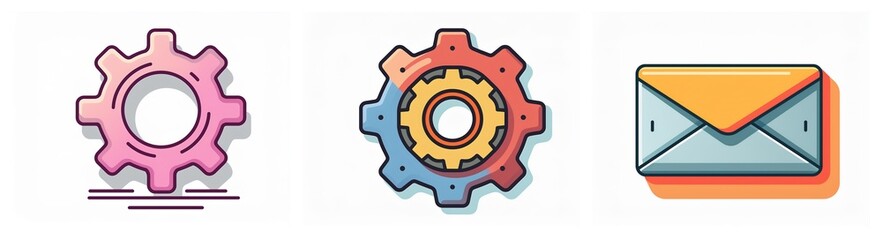 Aufkleber - Three stylized icons are displayed: a pink gear, a multicolored gear, and an orange envelope, all with a clean, flat design and shadow effect.