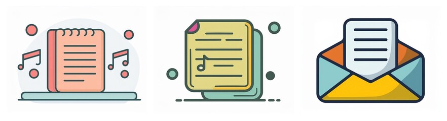 Leinwandbilder - Icons of a spiral notebook with music notes, sheets of paper with a musical note, and an envelope with a letter inside.
