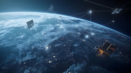 Poster - Glowing and vibrant Earth surrounded by a network of interconnected satellites in orbit depicting global communication data transmission and technological innovation