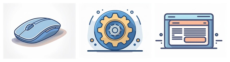Aufkleber - Vector icons depict a computer mouse, a gear within a circle, and a browser window, symbolizing computer interaction, settings adjustment, and internet navigation.