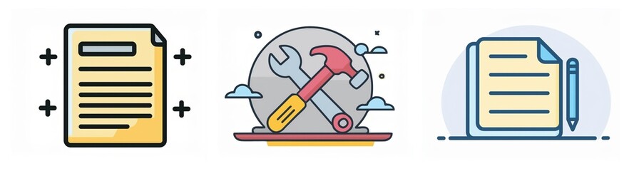 Poster - Three icons showcase document creation, repair tools, and document editing. They represent paperwork, maintenance, and writing with instruments.
