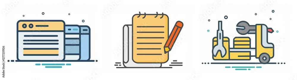 Technical Support Notepad Icons depict a web browser, notepad with pencil, and service truck ...