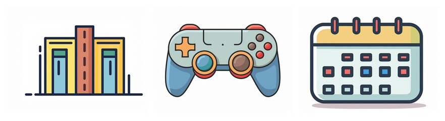Poster - Three colorful vector icons depict a building with doors, a video game controller, and a calendar, representing office, gaming, and schedule. Simple design.