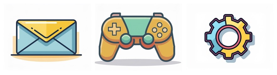 Aufkleber - Three vector icons depict communication, entertainment, and settings. An envelope represents email, a gamepad symbolizes gaming, and a gear signifies options.