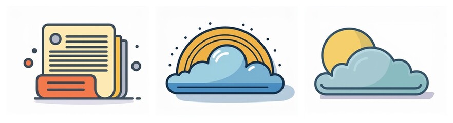 Aufkleber - Three icons depict documents, a rainbow and cloud, and the sun and cloud, each with a distinct color palette and style.