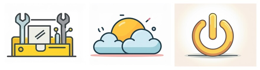 Aufkleber - Three vector icons depict a toolbox with wrenches, sun behind clouds, and a power button against a soft background.