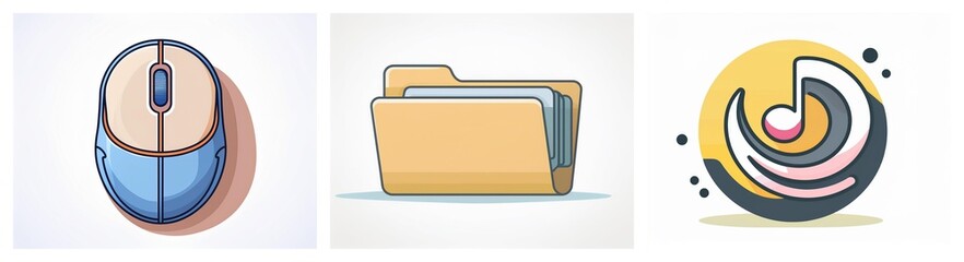 Fototapete - Three vector icons in a row depict a computer mouse, a file folder, and a stylized musical note inside a circle shape.