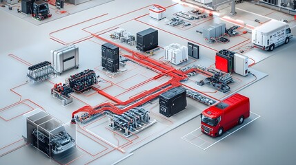 Leinwandbilder - Highly detailed 3D isometric rendering showcasing the intricate power distribution system of an electric vehicle
