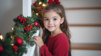 Wall Mural - Festive holiday decor with young girl adorning staircase in studio setting