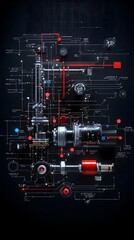 Fototapete - Highly detailed and minimalist design of a cooling system diagram showcasing the intricate components and flow of an industrial or technological engineering application