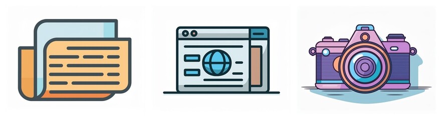 Aufkleber - Three flat vector icons: document with text, browser window with globe, and a camera. Simple outline style for web or app design elements.